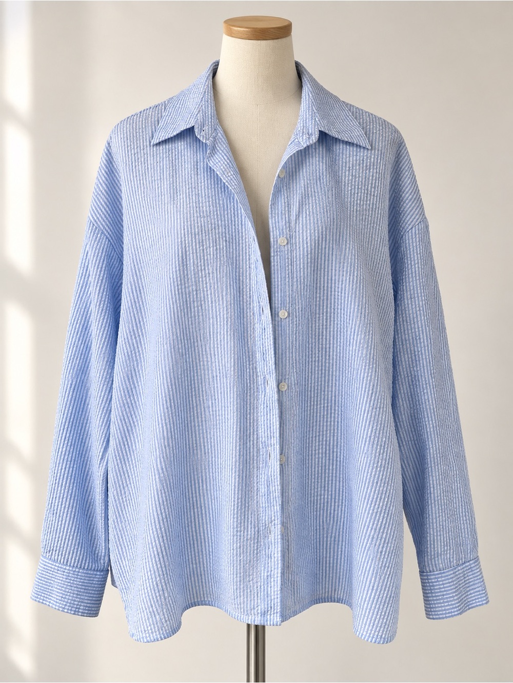 Light Blue Striped Women's Button-Up Blouse